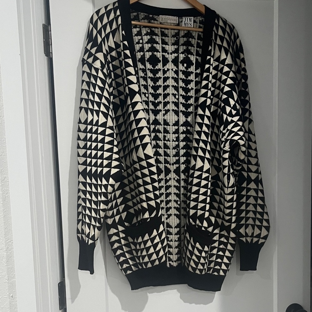 Vintage Gianni Versace Black and Cream Geometric Knit Cardigan